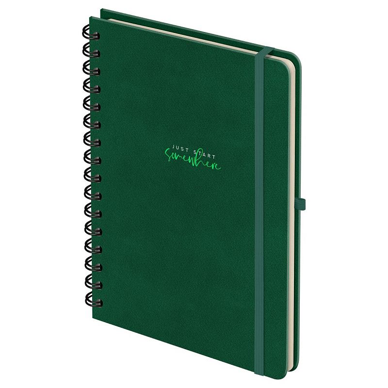 Записная книжка А5 96л., кожзам, на гребне, Greenwich Line "Just start. Green", твердая обложка, тиснение фольгой, с петлей для ручки