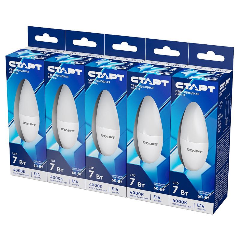 Лампа светодиодная Старт LED, серия "ЭКО" 7W40, тип С "свеча", E14, 4000К, холодный свет, 15000ч
