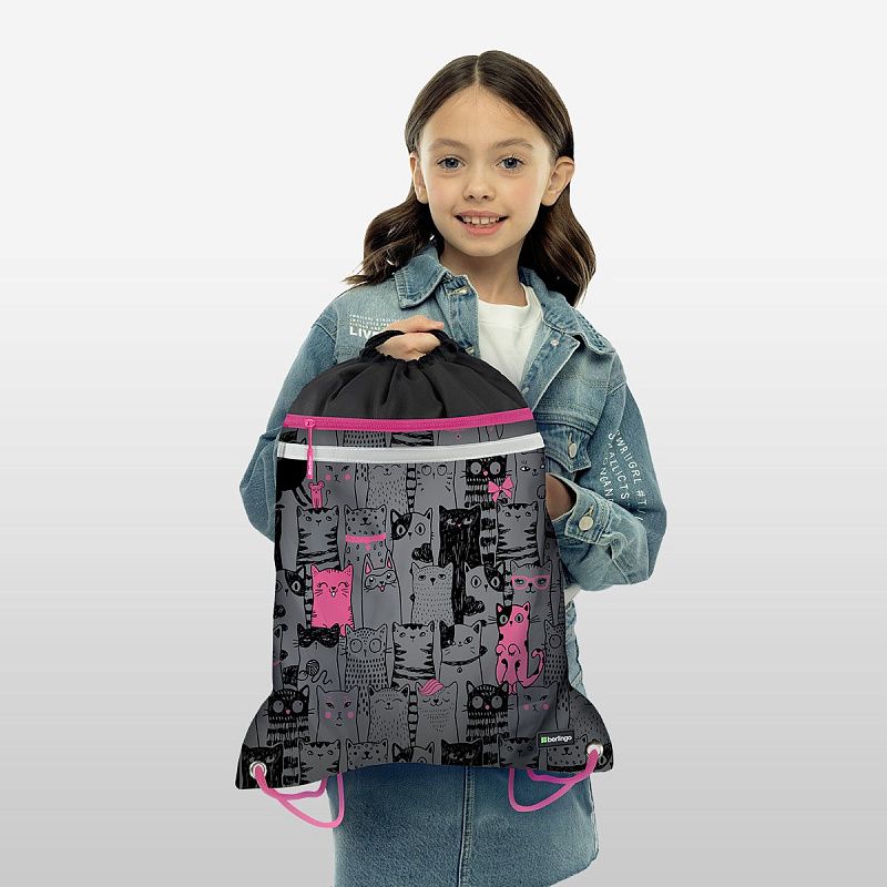 Мешок для обуви 1 отделение Berlingo "Happy Cats", 360*460мм, вентиляционная сеточка , светоотражающая лента, карман на молнии 