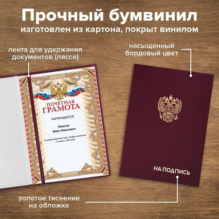 Папка адресная бумвинил "НА ПОДПИСЬ" с гербом России, А4, бордовая, индивидуальная упаковка, STAFF "Basic", 129626