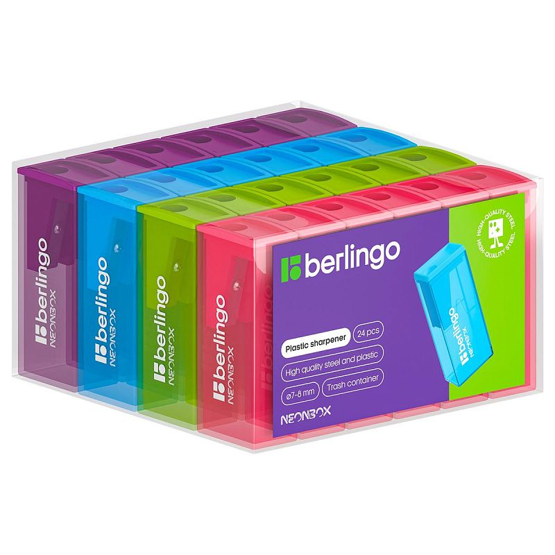 Точилка пластиковая Berlingo "NeonBox" 1 отверстие, контейнер, ассорти 
