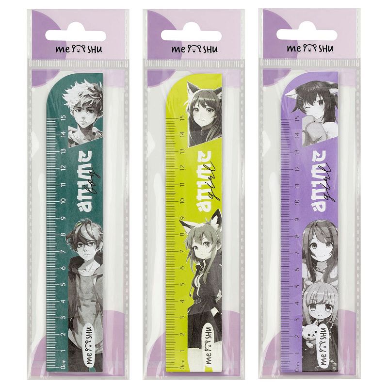 Линейка 15см MESHU "Anime", деревянная,  ассорти, европодвес 