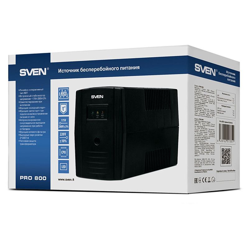 Источник бесперебойного питания Sven PRO 800, 2 розетки, 800ВA, 480Вт, черный