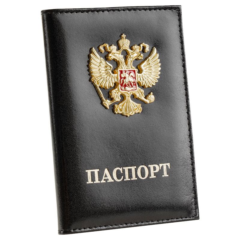 Обложка для паспорта OfficeSpace натуральная кожа Шик, текстура гладкая, тиснение "ПАСПОРТ", подклад текстиль, черный, металлический шильд Герб 
