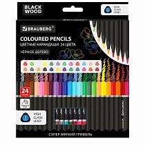 Карандаши цветные чёрное дерево BRAUBERG BLACK WOOD, 24 цвета, трехгранный корпус, грифель мягкий 3 мм, 181949