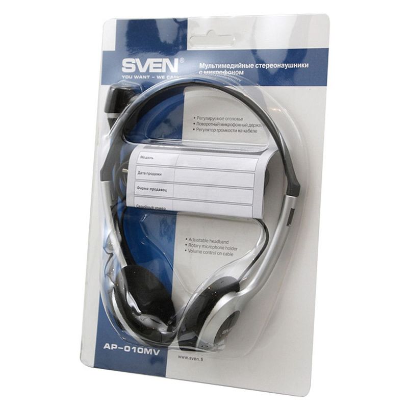 Наушники с микрофоном Sven AP-010MV (с регулятором громкости), 2м, серебристый, черный