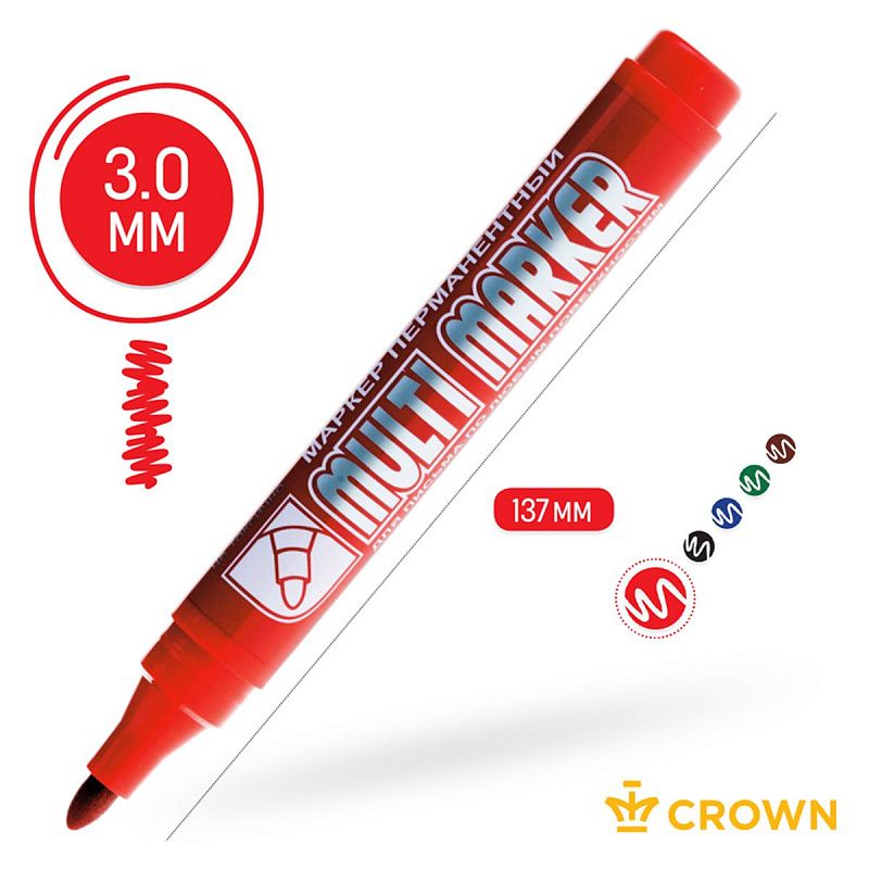 Маркер перманентный Crown "Multi Marker" красный, пулевидный, 3мм 