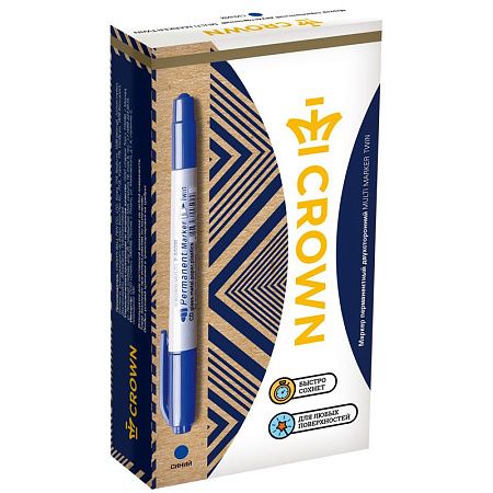 Маркер перманентный двухсторонний Crown "Multi Marker Twin" синий, пулевидный, 2мм/1мм 