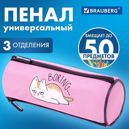 Пенал BRAUBERG, 3 отделения, нейлон, 21х7х7см, Lazy cat, 272306 