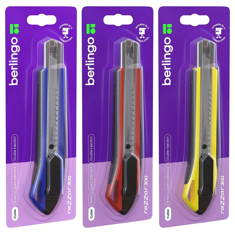 Нож канцелярский 18мм Berlingo "Razzor 300", auto-lock, металл. направл., мягкие вставки, ассорти, европодвес