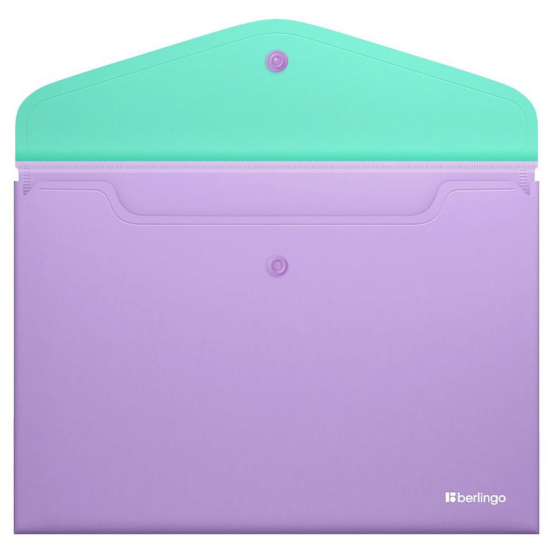 Папка-конверт на кнопке Berlingo "Haze" А4, 200мкм, софт-тач, с цветным клапаном, мятная/сиреневая 