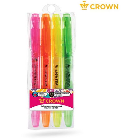 Набор текстовыделителей Crown "Multi Hi-Lighter Aroma" 04цв., 1-4мм, ароматиз., чехол с европодвесом 