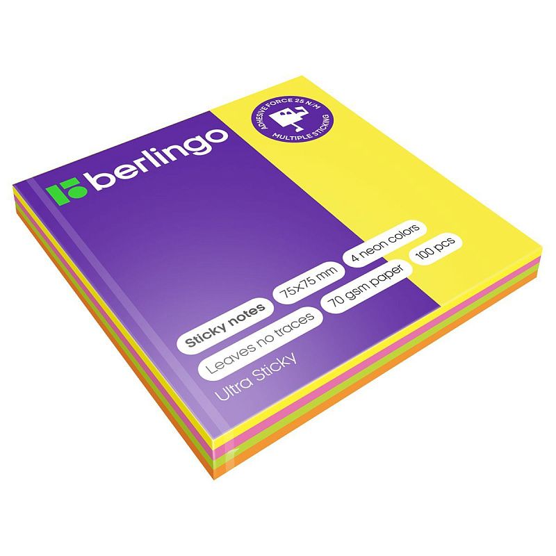 Самоклеящийся блок Berlingo "Ultra Sticky", 75*75мм, 100л., 4 неоновых цвета