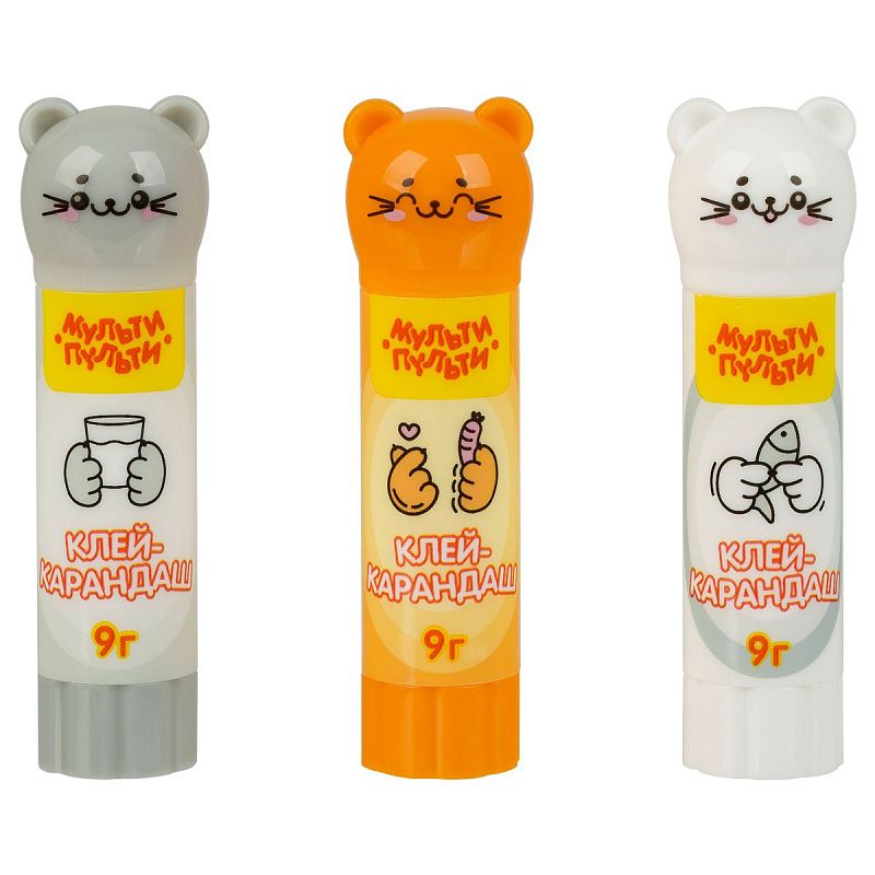 Клей-карандаш Мульти-Пульти "Котики", 09г, фигурный колпачок, ПВП, дисплей бокс, ассорти