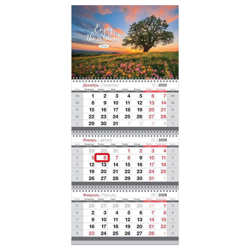 Календарь квартальный 3 бл. на 3 гр., 295*660 мм BG "Цветущий закат", с магнитным бегунком, 2026г.