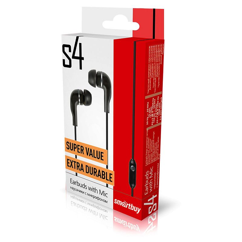 Наушники-вкладыши с микрофоном SmartBuy S4, 1м, черный