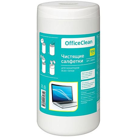 Салфетки чистящие влажные OfficeClean, для мониторов всех типов, в тубе, 100шт.