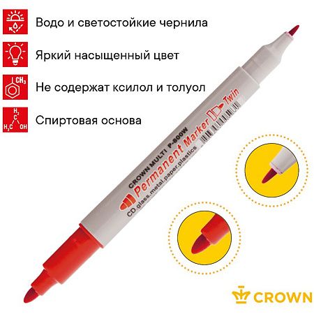 Маркер перманентный двухсторонний Crown "Multi Marker Twin" красный, пулевидный, 2мм/1мм 