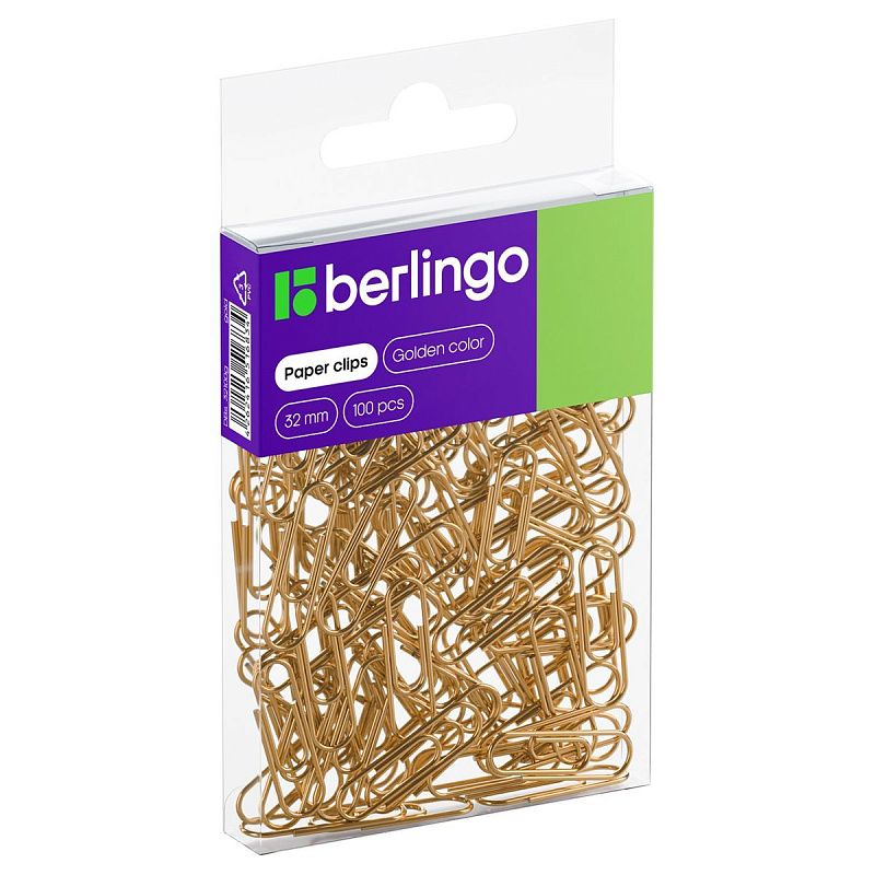 Скрепки 32мм, Berlingo, 100шт.,  ПВХ упак., европодвес, золото