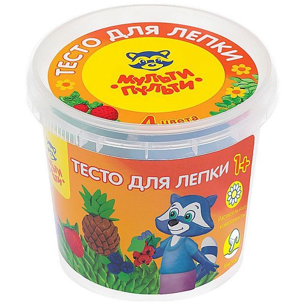 Тесто для лепки Мульти-Пульти "Енот на каникулах", 04 цвета*60г, пластиковый стакан