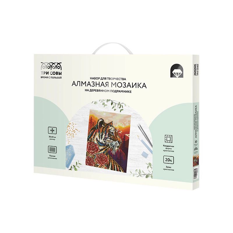 Алмазная мозаика ТРИ СОВЫ "Тигр и розы", 30*40см, холст на деревянном подрамнике, картонная коробка с пластиковой ручкой