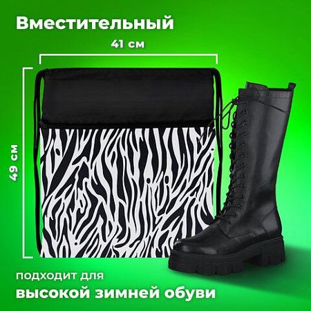 Мешок для обуви BRAUBERG БОЛЬШОЙ, с ручкой, карман на молнии, сетка, 49х41 см, "Zebra", 271611 