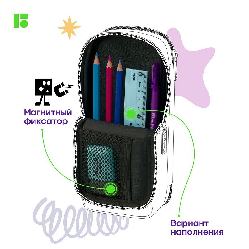 Пенал 2 отделения, 205*80*55 Berlingo "Fancy", полиэстер, внутренний органайзер, магнит 