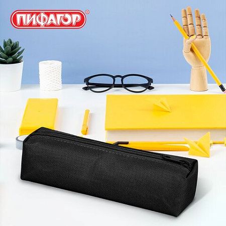Пенал-тубус ПИФАГОР на молнии, ткань, черный, 22х5 см, 272255 