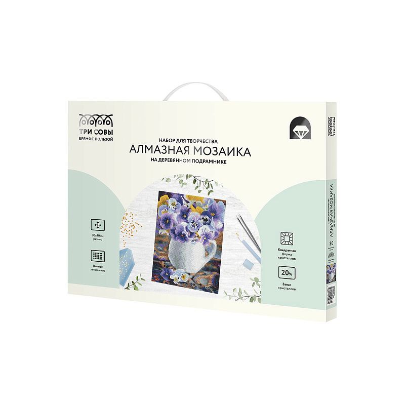 Алмазная мозаика ТРИ СОВЫ "Анютины глазки", 30*40см, холст на деревянном подрамнике, картонная коробка с пластиковой ручкой