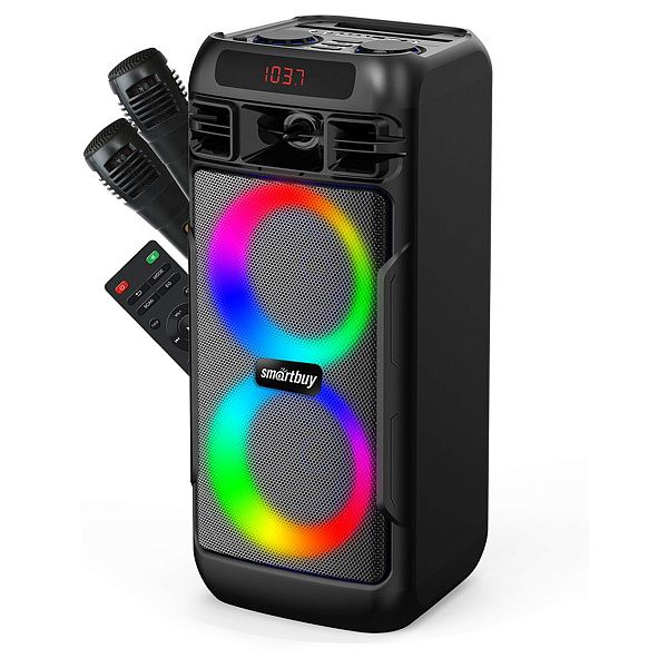 Колонка портативная Smartbuy MEGA BOOM II, 50Вт, Bluetooth, MP3, FM-радио, micro SD, 2 микрофона, пульт, подсветка, черный
