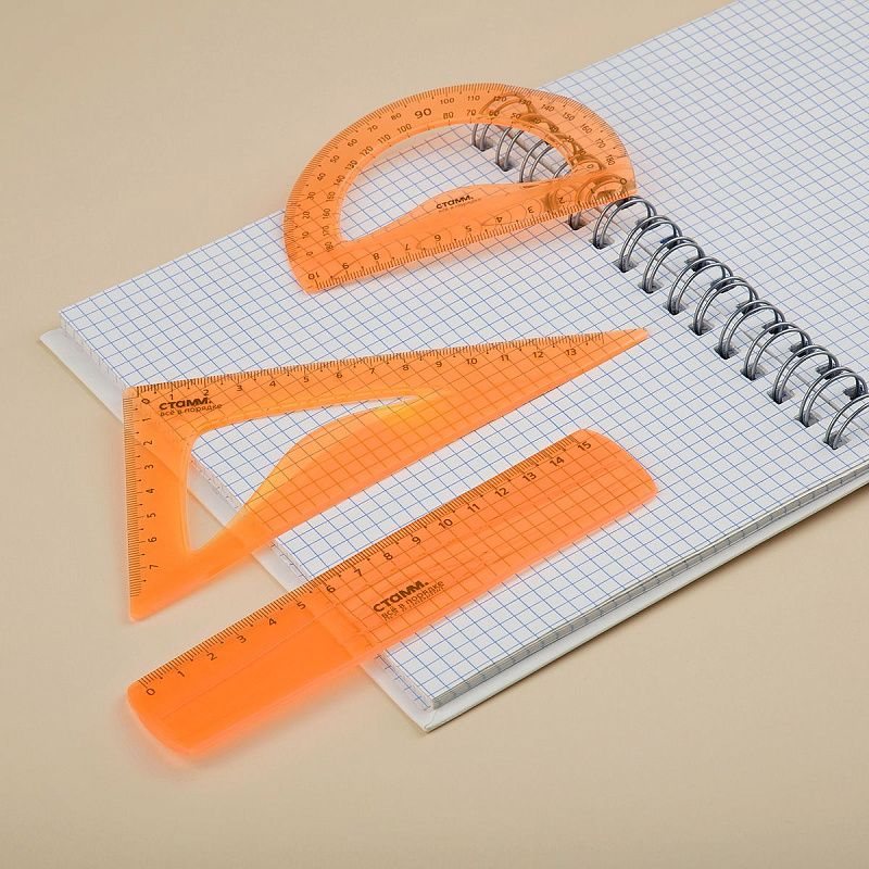 Набор чертежный СТАММ, размер S (линейка 15см, треугольник, транспортир), гибкий, прозрачный, оранжевый, европодвес 