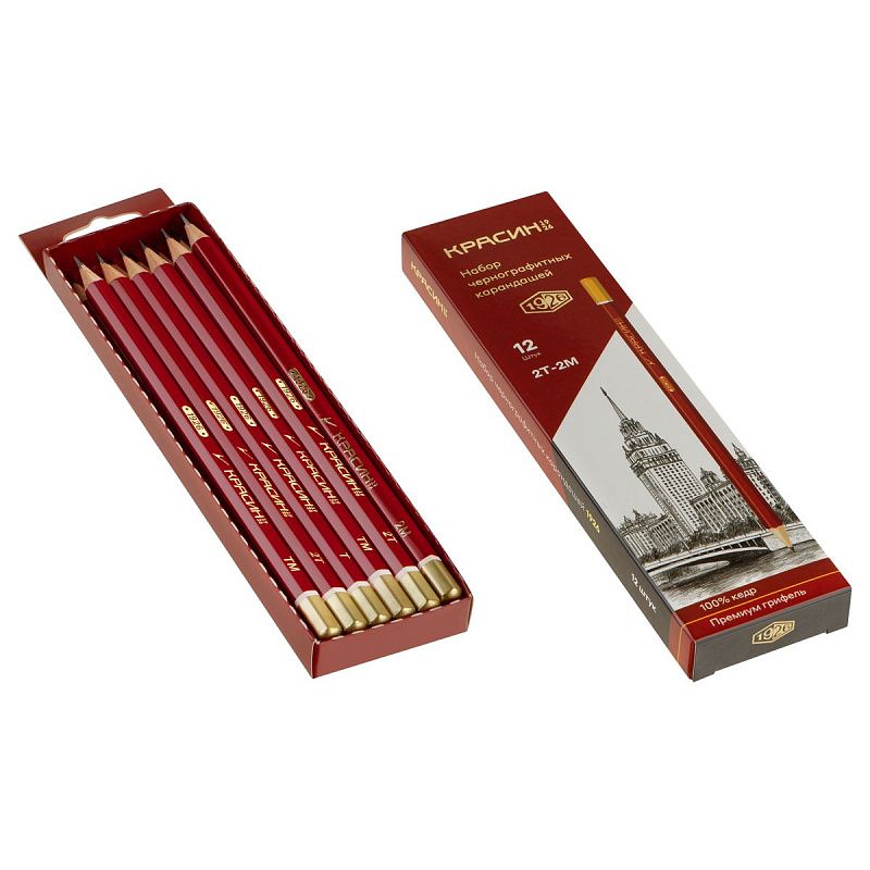 Набор карандашей ч/г Красин "1926" 12шт., 2Т(H)-2М(B),  КЕДР,  заточен., карт.пенал, европодвес 