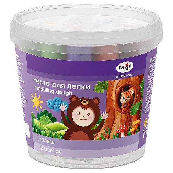 Тесто для лепки Гамма "Малыш", 12 цветов*15г, пластиковый стакан