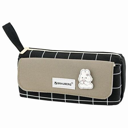 Пенал мягкий BRAUBERG, 1 отделение, карман на липучке, значок, 22х10х6 см, Black checkered, 273579