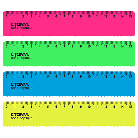 Линейка 15см СТАММ, пластиковая, с волнистым краем, непрозрачная, неоновые цвета, ассорти
