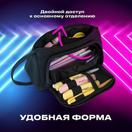 Пенал-косметичка BRAUBERG с ручкой, 1 откидная планка, полиэстер, 22x10х8см, Black, 272339 