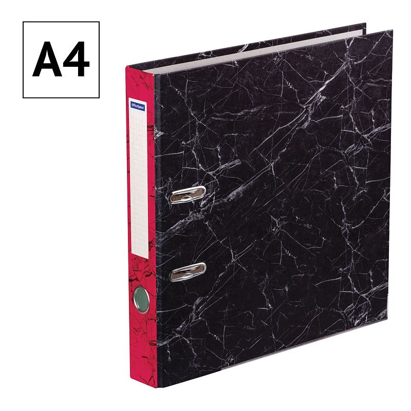 Папка-регистратор OfficeSpace 50мм, мрамор, черная, красный корешок, нижний метал. кант 