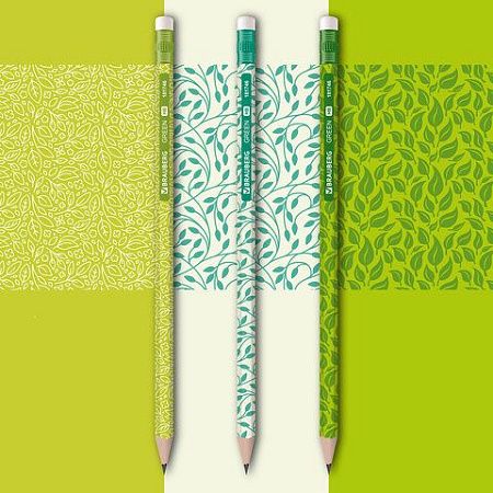 Карандаш чернографитный BRAUBERG "GREEN", 1 шт., HB, с ластиком, пластиковый, ассорти, 181746 