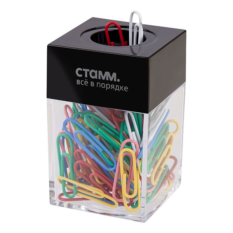 Скрепочница магнитная СТАММ, 100 цветных скрепок, прозрачный корпус, картонная коробка