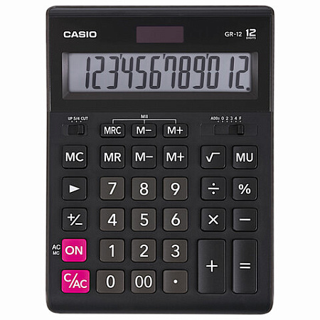 Калькулятор настольный CASIO GR-12-W (209х155 мм), 12 разрядов, двойное питание, черный, европодвес, GR-12-W-EP