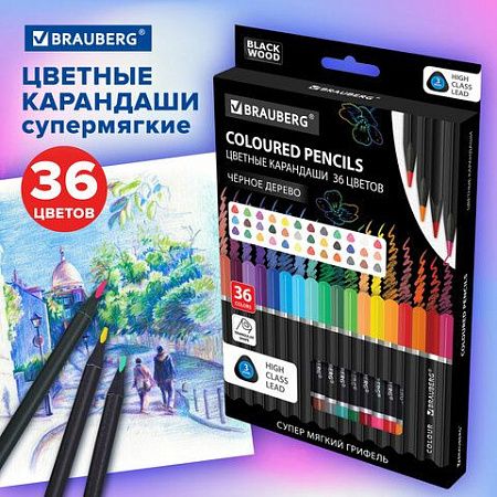 Карандаши цветные чёрное дерево BRAUBERG BLACK WOOD, 36 цветов, мягкий грифель 3 мм, 182042