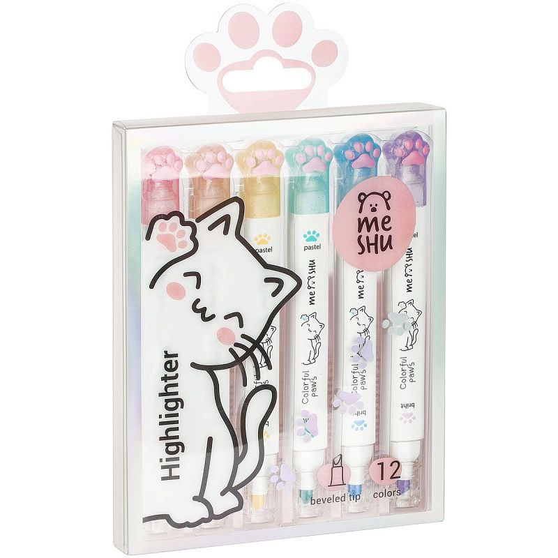 Набор текстовыделителей двусторонних MESHU "White kittens", 12цв., пастельные цвета, 1-4мм, ПВХ бокс с европодвесом 