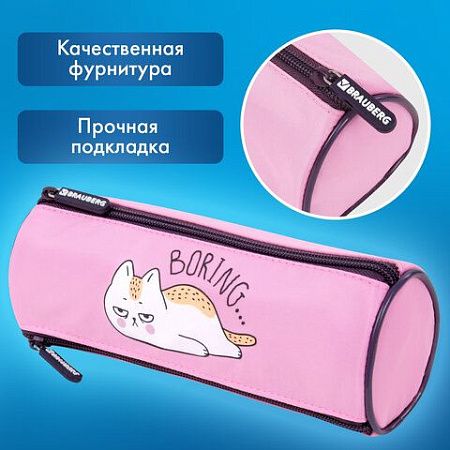 Пенал BRAUBERG, 3 отделения, нейлон, 21х7х7см, Lazy cat, 272306 