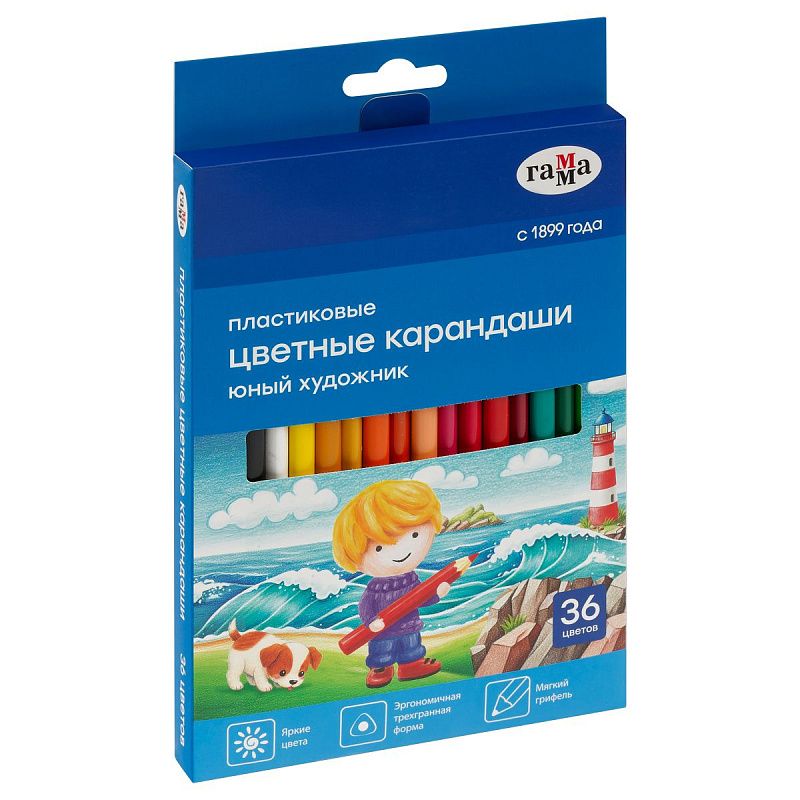 Карандаши цветные пластиковые Гамма "Юный художник", 36цв., заточен., картон. упаковка, европодвес