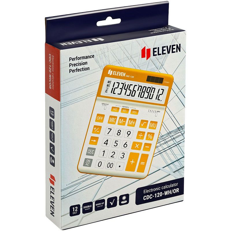 Калькулятор настольный Eleven CDC-120-WH/OR, 12 разрядов, двойное питание, 155*206*38мм, белый/оранжевый