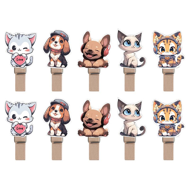 Зажимы для бумаг 7мм, MESHU "Cute pets", 10шт.,  деревянные, ассорти, опп пакет с европодвесом, веревка в комплекте