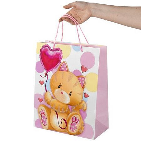 Пакет подарочный 26,5x12,7x33 см ЗОЛОТАЯ СКАЗКА "Lovely Kitty", глиттер, белый с розовым, 608242