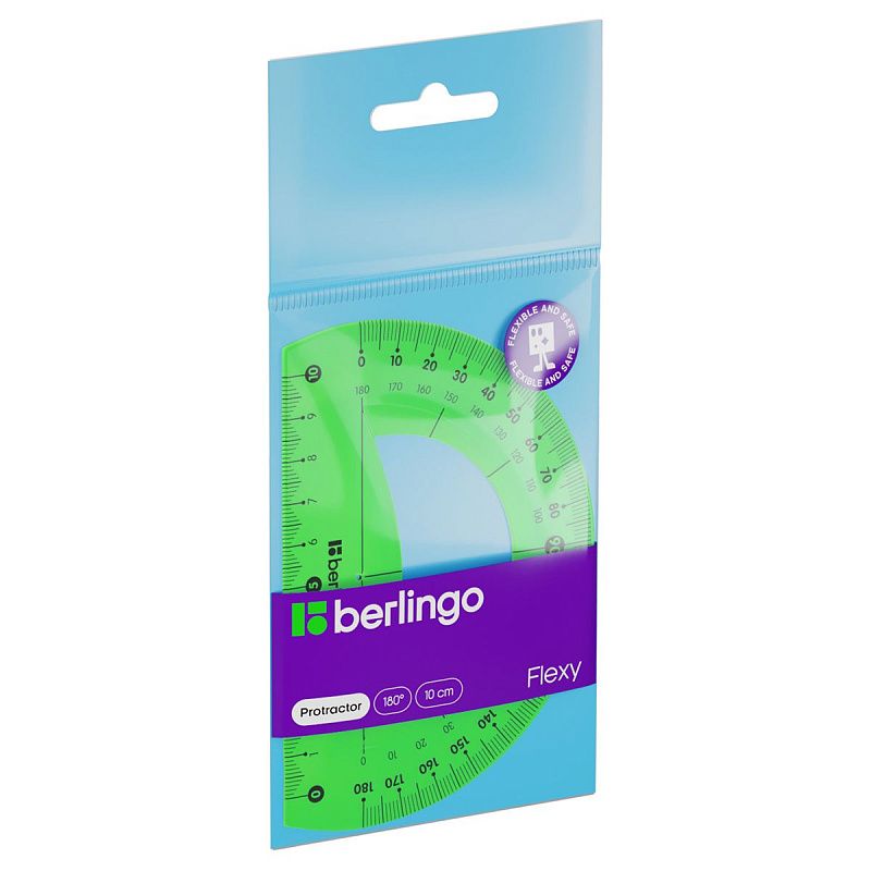 Транспортир 10см, 180° Berlingo "Flexy", пластиковый, гибкий, ассорти, европодвес 