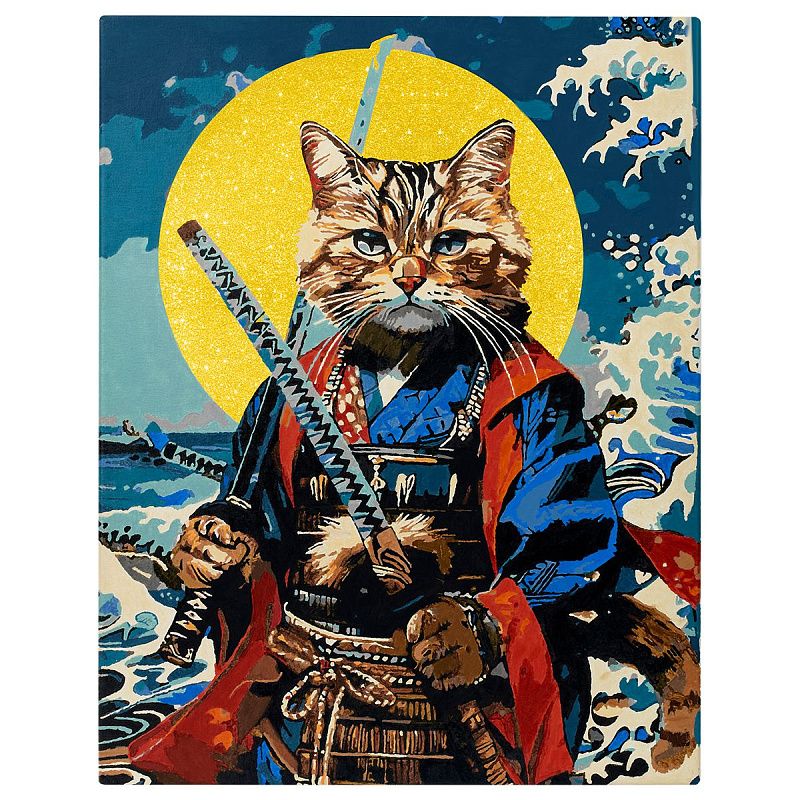 Картина по номерам на холсте с глиттером ТРИ СОВЫ "Кот-самурай", 40*50, с акриловыми красками и кистями