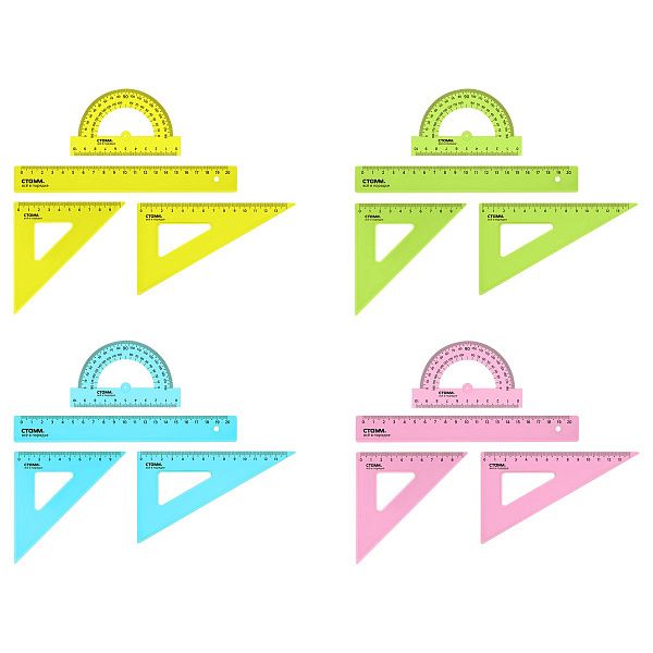 Набор чертежный СТАММ, размер M (линейка 20см, 2 треугольника, транспортир), прозрачный, неоновые цвета, ассорти, европодвес